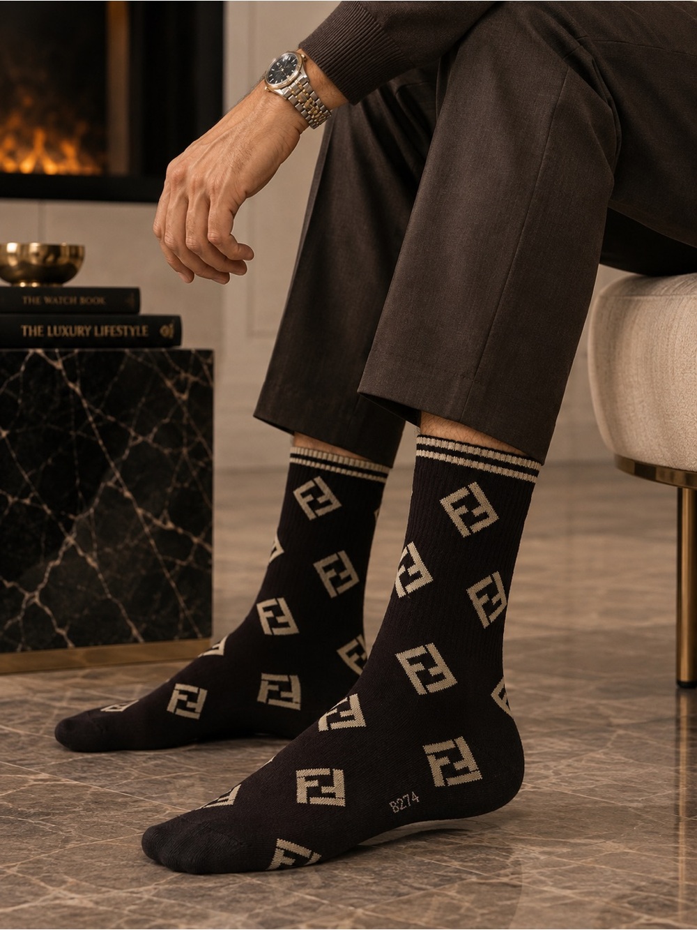 Fendi Brown Crew Socks with Beige Logo Pattern